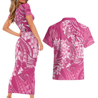 Pink Polynesia Hammerhead Shark Tattoo With Plumeria Lei Couples Matching Short Sleeve Bodycon Dress and Hawaiian Shirt LT14 - Polynesian Pride