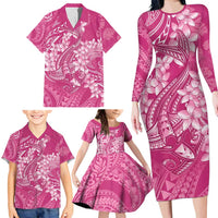 Pink Polynesia Hammerhead Shark Tattoo With Plumeria Lei Family Matching Long Sleeve Bodycon Dress and Hawaiian Shirt LT14 - Polynesian Pride