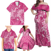 Pink Polynesia Hammerhead Shark Tattoo With Plumeria Lei Family Matching Off Shoulder Maxi Dress and Hawaiian Shirt LT14 - Polynesian Pride