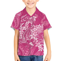 Pink Polynesia Hammerhead Shark Tattoo With Plumeria Lei Family Matching Off Shoulder Short Dress and Hawaiian Shirt LT14 Son's Shirt Pink - Polynesian Pride