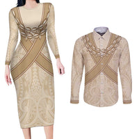 Mauri Ribaberiki Kiribati Couples Matching Long Sleeve Bodycon Dress and Long Sleeve Button Shirt Cowrie Shells Lei Palm Leaf Weaving LT14 Beige - Polynesian Pride