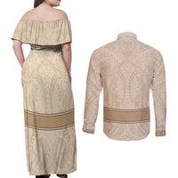 Mauri Ribaberiki Kiribati Couples Matching Off Shoulder Maxi Dress and Long Sleeve Button Shirt Cowrie Shells Lei Palm Leaf Weaving LT14 - Polynesian Pride