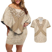 Mauri Ribaberiki Kiribati Couples Matching Off Shoulder Short Dress and Hawaiian Shirt Cowrie Shells Lei Palm Leaf Weaving LT14 Beige - Polynesian Pride