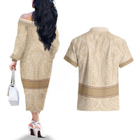 Mauri Ribaberiki Kiribati Couples Matching Off The Shoulder Long Sleeve Dress and Hawaiian Shirt Cowrie Shells Lei Palm Leaf Weaving LT14 - Polynesian Pride