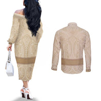 Mauri Ribaberiki Kiribati Couples Matching Off The Shoulder Long Sleeve Dress and Long Sleeve Button Shirt Cowrie Shells Lei Palm Leaf Weaving LT14 - Polynesian Pride