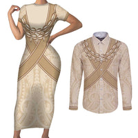 Mauri Ribaberiki Kiribati Couples Matching Short Sleeve Bodycon Dress and Long Sleeve Button Shirt Cowrie Shells Lei Palm Leaf Weaving LT14 Beige - Polynesian Pride