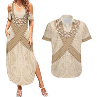 Mauri Ribaberiki Kiribati Couples Matching Summer Maxi Dress and Hawaiian Shirt Cowrie Shells Lei Palm Leaf Weaving LT14 Beige - Polynesian Pride