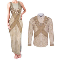 Mauri Ribaberiki Kiribati Couples Matching Tank Maxi Dress and Long Sleeve Button Shirt Cowrie Shells Lei Palm Leaf Weaving LT14 Beige - Polynesian Pride