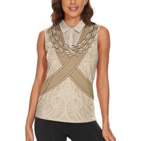 Mauri Ribaberiki Kiribati Women Sleeveless Polo Shirt Cowrie Shells Lei Palm Leaf Weaving LT14 - Polynesian Pride