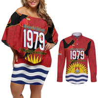 Mauri Kiribati Independence Day Couples Matching Off Shoulder Short Dress and Long Sleeve Button Shirt 1979 Proud National Frigatebird LT14 Red - Polynesian Pride