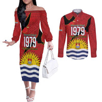 Mauri Kiribati Independence Day Couples Matching Off The Shoulder Long Sleeve Dress and Long Sleeve Button Shirt 1979 Proud National Frigatebird LT14 Red - Polynesian Pride