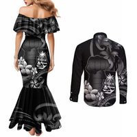 Black Hafa Adai Guam Couples Matching Mermaid Dress and Long Sleeve Button Shirt Chamorro Latte Stone Hand With Plumeria LT14 - Polynesian Pride
