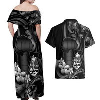 Black Hafa Adai Guam Couples Matching Off Shoulder Maxi Dress and Hawaiian Shirt Chamorro Latte Stone Hand With Plumeria LT14 - Polynesian Pride
