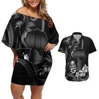 Black Hafa Adai Guam Couples Matching Off Shoulder Short Dress and Hawaiian Shirt Chamorro Latte Stone Hand With Plumeria LT14 Black - Polynesian Pride