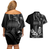 Black Hafa Adai Guam Couples Matching Off Shoulder Short Dress and Hawaiian Shirt Chamorro Latte Stone Hand With Plumeria LT14 - Polynesian Pride