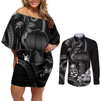 Black Hafa Adai Guam Couples Matching Off Shoulder Short Dress and Long Sleeve Button Shirt Chamorro Latte Stone Hand With Plumeria LT14 Black - Polynesian Pride