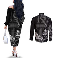 Black Hafa Adai Guam Couples Matching Off The Shoulder Long Sleeve Dress and Long Sleeve Button Shirt Chamorro Latte Stone Hand With Plumeria LT14 - Polynesian Pride