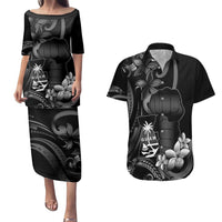 Black Hafa Adai Guam Couples Matching Puletasi and Hawaiian Shirt Chamorro Latte Stone Hand With Plumeria LT14 Black - Polynesian Pride