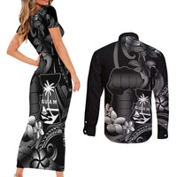 Black Hafa Adai Guam Couples Matching Short Sleeve Bodycon Dress and Long Sleeve Button Shirt Chamorro Latte Stone Hand With Plumeria LT14 - Polynesian Pride