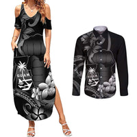 Black Hafa Adai Guam Couples Matching Summer Maxi Dress and Long Sleeve Button Shirt Chamorro Latte Stone Hand With Plumeria LT14 Black - Polynesian Pride