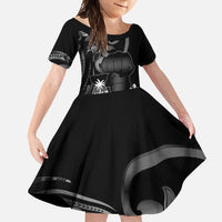 Black Hafa Adai Guam Family Matching Mermaid Dress and Hawaiian Shirt Chamorro Latte Stone Hand With Plumeria LT14 Daughter's Dress Black - Polynesian Pride