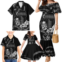 Black Hafa Adai Guam Family Matching Mermaid Dress and Hawaiian Shirt Chamorro Latte Stone Hand With Plumeria LT14 - Polynesian Pride