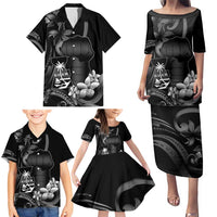 Black Hafa Adai Guam Family Matching Puletasi and Hawaiian Shirt Chamorro Latte Stone Hand With Plumeria LT14 - Polynesian Pride