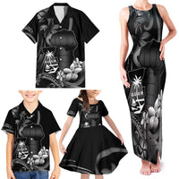 Black Hafa Adai Guam Family Matching Tank Maxi Dress and Hawaiian Shirt Chamorro Latte Stone Hand With Plumeria LT14 - Polynesian Pride