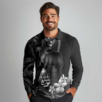 Black Hafa Adai Guam Long Sleeve Polo Shirt Chamorro Latte Stone Hand With Plumeria