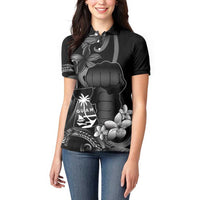 Black Hafa Adai Guam Women Polo Shirt Chamorro Latte Stone Hand With Plumeria