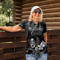 Black Hafa Adai Guam Women Polo Shirt Chamorro Latte Stone Hand With Plumeria