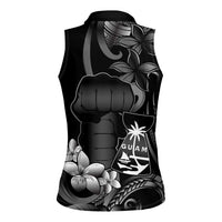 Black Hafa Adai Guam Women Sleeveless Polo Shirt Chamorro Latte Stone Hand With Plumeria LT14 - Polynesian Pride