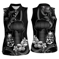Black Hafa Adai Guam Women Sleeveless Polo Shirt Chamorro Latte Stone Hand With Plumeria LT14 - Polynesian Pride