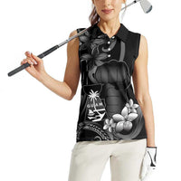 Black Hafa Adai Guam Women Sleeveless Polo Shirt Chamorro Latte Stone Hand With Plumeria LT14 - Polynesian Pride