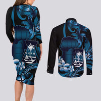 Blue Hafa Adai Guam Couples Matching Long Sleeve Bodycon Dress and Long Sleeve Button Shirt Chamorro Latte Stone Hand With Plumeria LT14 - Polynesian Pride