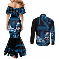 Blue Hafa Adai Guam Couples Matching Mermaid Dress and Long Sleeve Button Shirt Chamorro Latte Stone Hand With Plumeria LT14 - Polynesian Pride