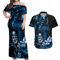 Blue Hafa Adai Guam Couples Matching Off Shoulder Maxi Dress and Hawaiian Shirt Chamorro Latte Stone Hand With Plumeria LT14 Blue - Polynesian Pride