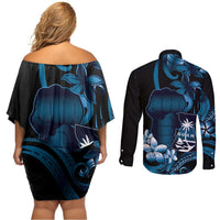 Blue Hafa Adai Guam Couples Matching Off Shoulder Short Dress and Long Sleeve Button Shirt Chamorro Latte Stone Hand With Plumeria LT14 - Polynesian Pride