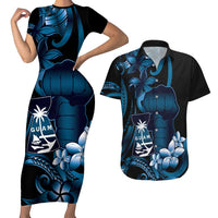 Blue Hafa Adai Guam Couples Matching Short Sleeve Bodycon Dress and Hawaiian Shirt Chamorro Latte Stone Hand With Plumeria LT14 Blue - Polynesian Pride