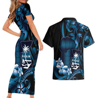 Blue Hafa Adai Guam Couples Matching Short Sleeve Bodycon Dress and Hawaiian Shirt Chamorro Latte Stone Hand With Plumeria LT14 - Polynesian Pride