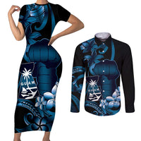 Blue Hafa Adai Guam Couples Matching Short Sleeve Bodycon Dress and Long Sleeve Button Shirt Chamorro Latte Stone Hand With Plumeria LT14 Blue - Polynesian Pride
