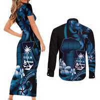 Blue Hafa Adai Guam Couples Matching Short Sleeve Bodycon Dress and Long Sleeve Button Shirt Chamorro Latte Stone Hand With Plumeria LT14 - Polynesian Pride