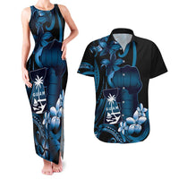 Blue Hafa Adai Guam Couples Matching Tank Maxi Dress and Hawaiian Shirt Chamorro Latte Stone Hand With Plumeria LT14 Blue - Polynesian Pride