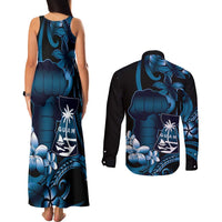 Blue Hafa Adai Guam Couples Matching Tank Maxi Dress and Long Sleeve Button Shirt Chamorro Latte Stone Hand With Plumeria LT14 - Polynesian Pride