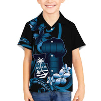 Blue Hafa Adai Guam Family Matching Off The Shoulder Long Sleeve Dress and Hawaiian Shirt Chamorro Latte Stone Hand With Plumeria LT14 Son's Shirt Blue - Polynesian Pride