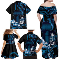 Blue Hafa Adai Guam Family Matching Off Shoulder Maxi Dress and Hawaiian Shirt Chamorro Latte Stone Hand With Plumeria LT14 - Polynesian Pride