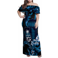 Blue Hafa Adai Guam Family Matching Off Shoulder Maxi Dress and Hawaiian Shirt Chamorro Latte Stone Hand With Plumeria LT14 Mom's Dress Blue - Polynesian Pride