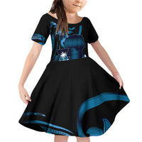Blue Hafa Adai Guam Family Matching Off Shoulder Short Dress and Hawaiian Shirt Chamorro Latte Stone Hand With Plumeria LT14 Daughter's Dress Blue - Polynesian Pride