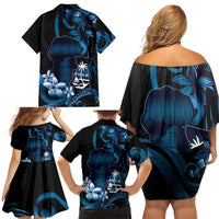 Blue Hafa Adai Guam Family Matching Off Shoulder Short Dress and Hawaiian Shirt Chamorro Latte Stone Hand With Plumeria LT14 - Polynesian Pride
