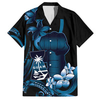 Blue Hafa Adai Guam Family Matching Puletasi and Hawaiian Shirt Chamorro Latte Stone Hand With Plumeria LT14 Dad's Shirt - Short Sleeve Blue - Polynesian Pride